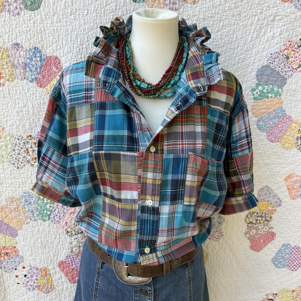 Upcycled Preppy Lands End Autumn Madras Patchwork Oversized Short Sleeve XXL - Picture 2 of 10